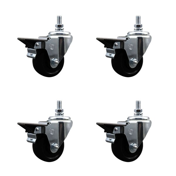 3 Inch Soft Rubber 12 Inch Threaded Stem Caster Set with Brake